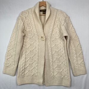Inis Crafts Fisherman Cable Knit Cardigan Sweater 100% Merino Wool Sz M Ivory